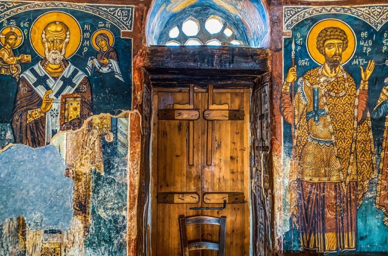 Vibrant Byzantine frescoes adorning the walls of Panayia Asinou Church, a testament to Cyprus's Byzantine heritage.