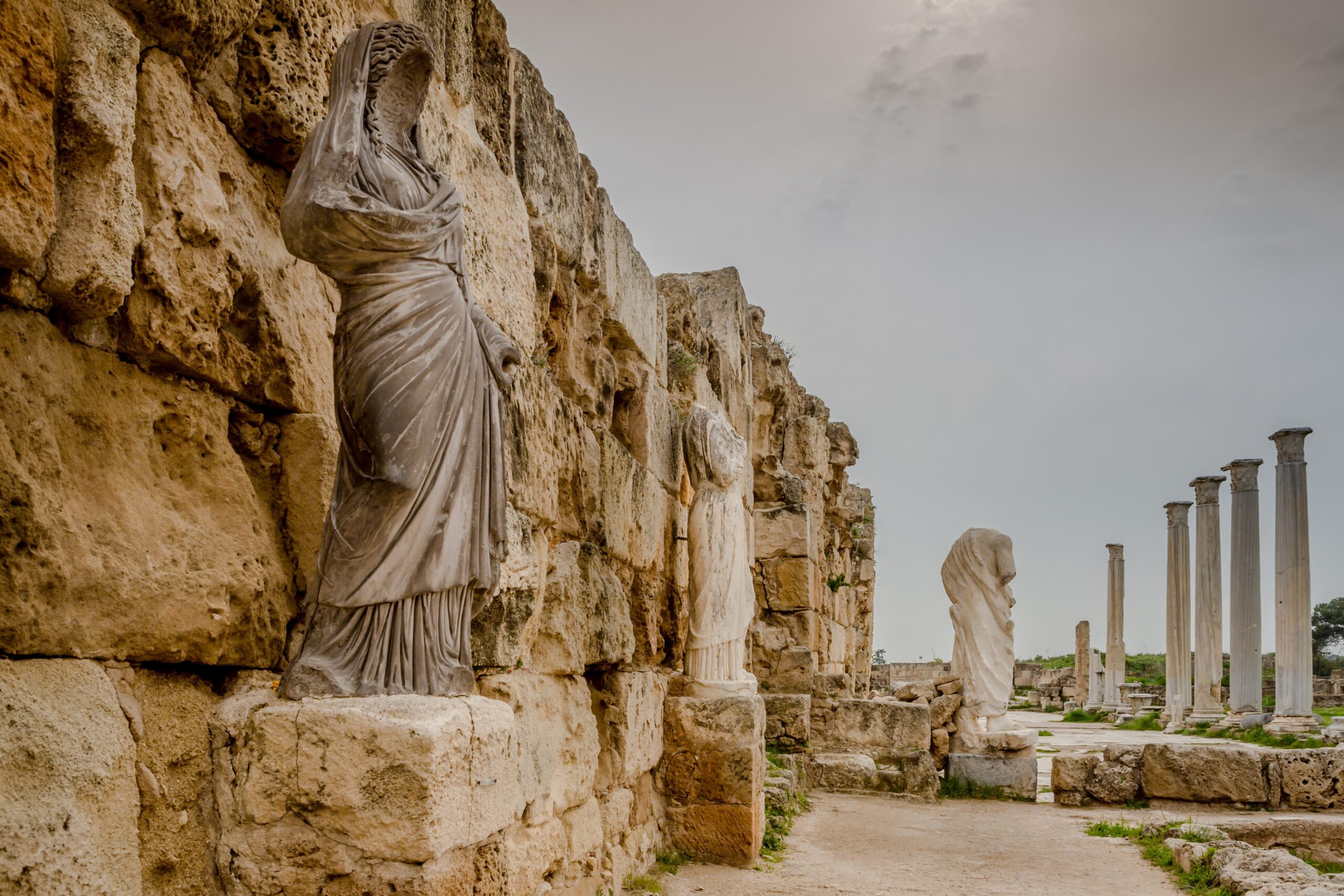 Statue amidst the ancient ruins of Salamis in Famagusta, Cyprus.