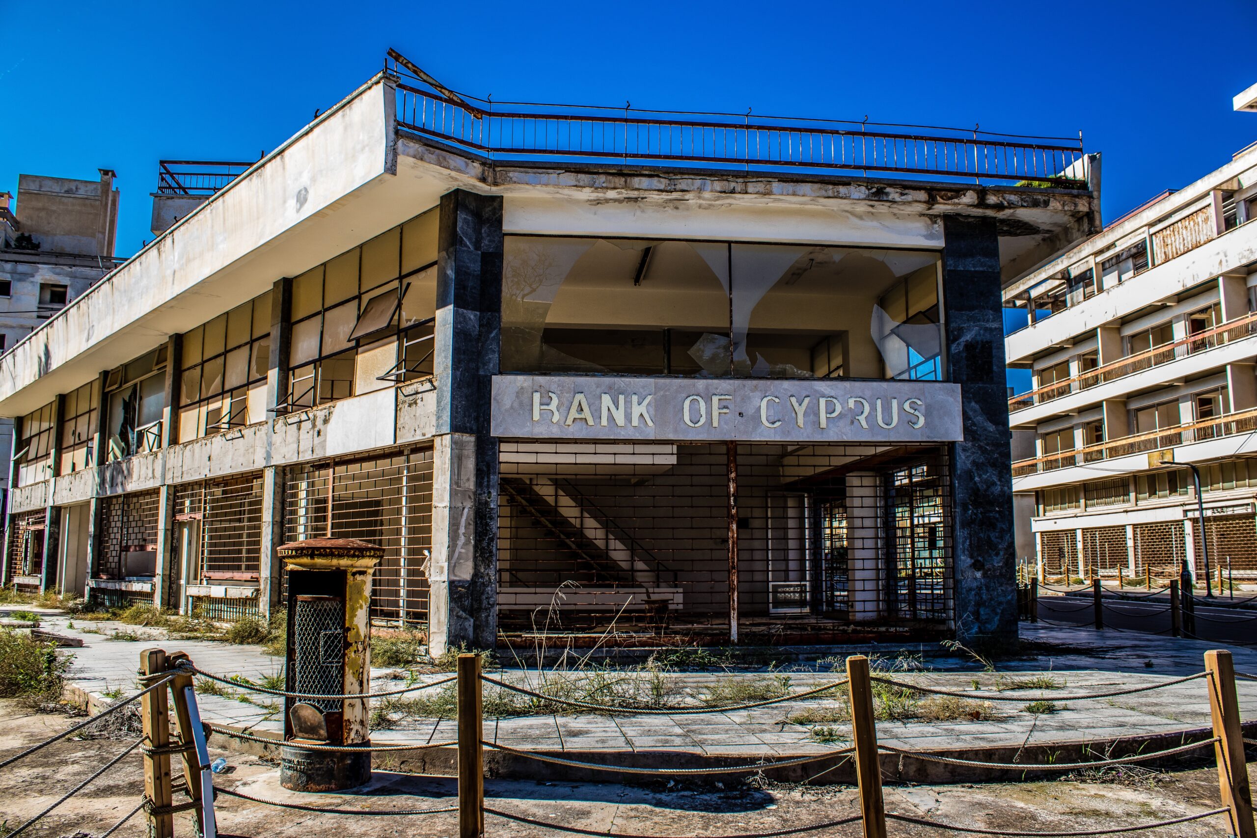 Abandoned Bank of Cyprus building in Varosha, a deserted seaside resort impacted by the 1974 Turkish military intervention.
