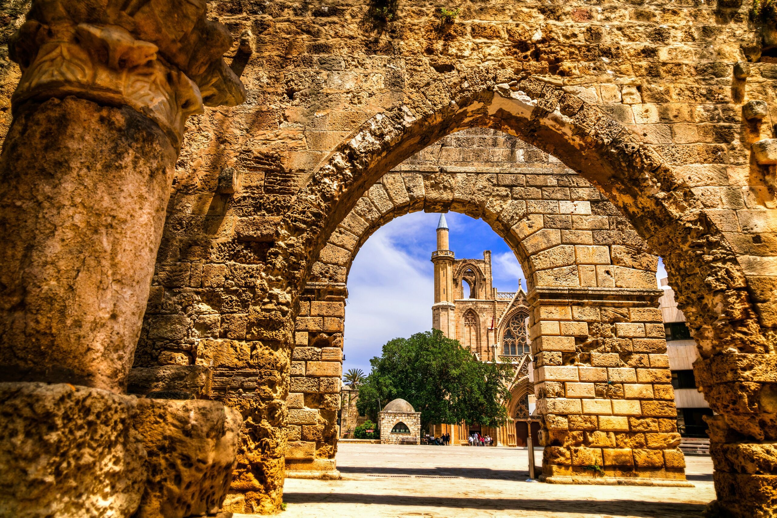 Exterior view of the Lala Mustafa Pasha Mosque, formerly known as St Nicholas Cathedral, a medieval architectural landmark in Famagusta, Cyprus.
