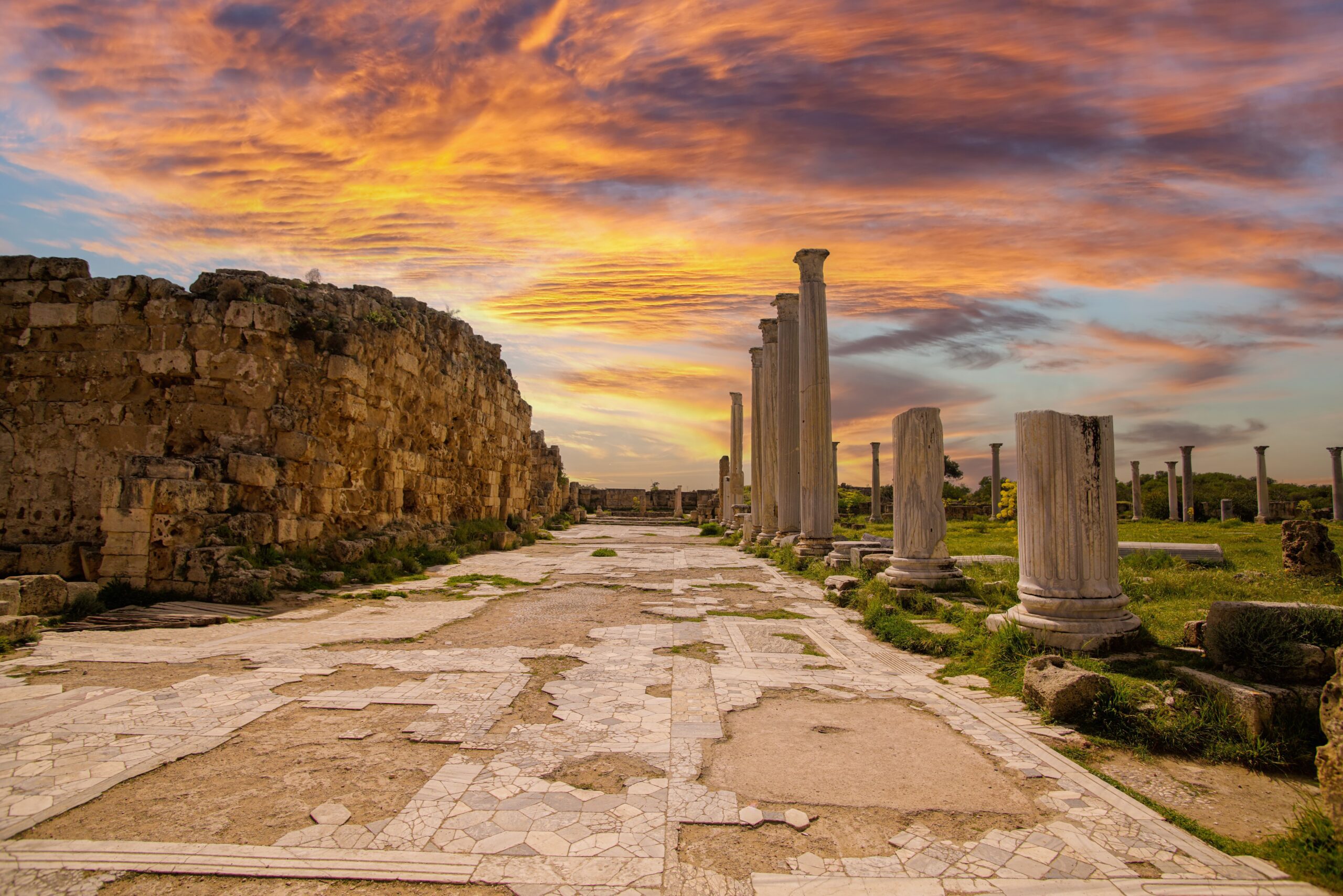 Sunset illuminating ancient columns in Salamis ruins, Famagusta, Cyprus.