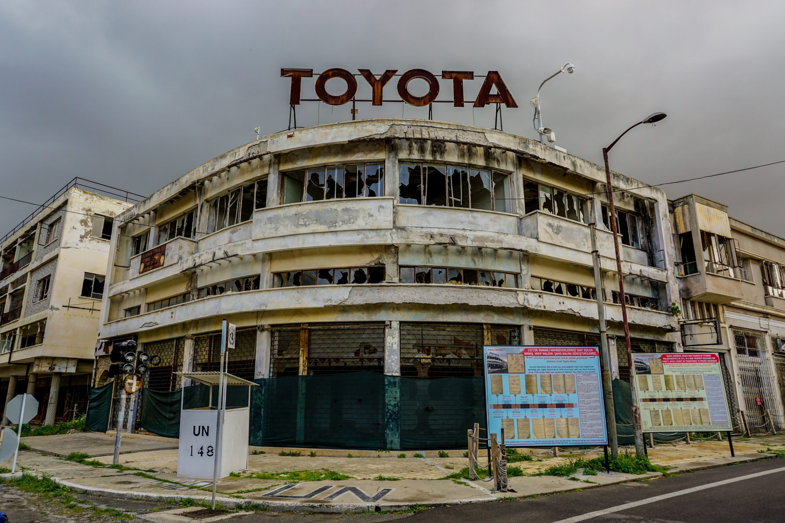 Abandoned and destroyed Toyota showroom in Varosha, Cyprus, aftermath of the 1974 Turkish invasion.