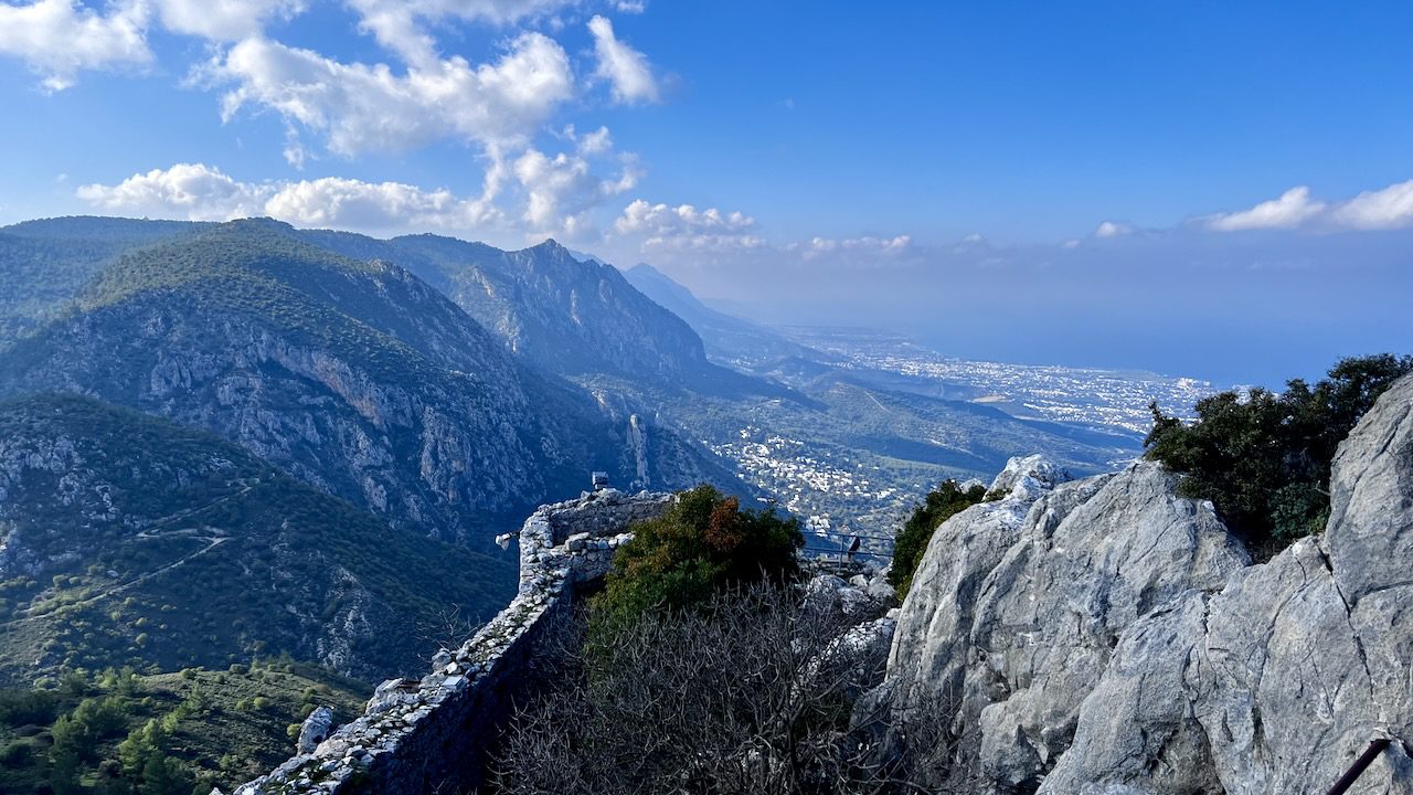 Panoramic view from St. Hilarion Castle, showcasing the stunning Pentadaktylos mountain range of Cyprus.