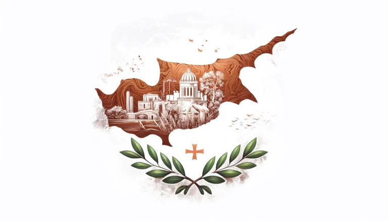 Artistic representation of the Cyprus flag, featuring a detailed copper-colored silhouette of Cyprus on a white background, surrounded by iconic Cypriot architecture and nature, accented with two green olive branches.